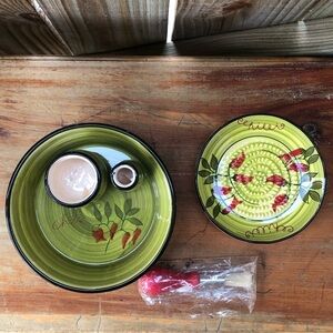 Fine French Ceramic Green Garlic Grater Dish with Brush & Green Olive Dish